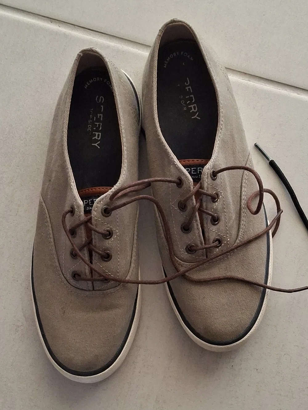 Sperry Men’s Taupe Canvas Boat Shoes with Brown Laces